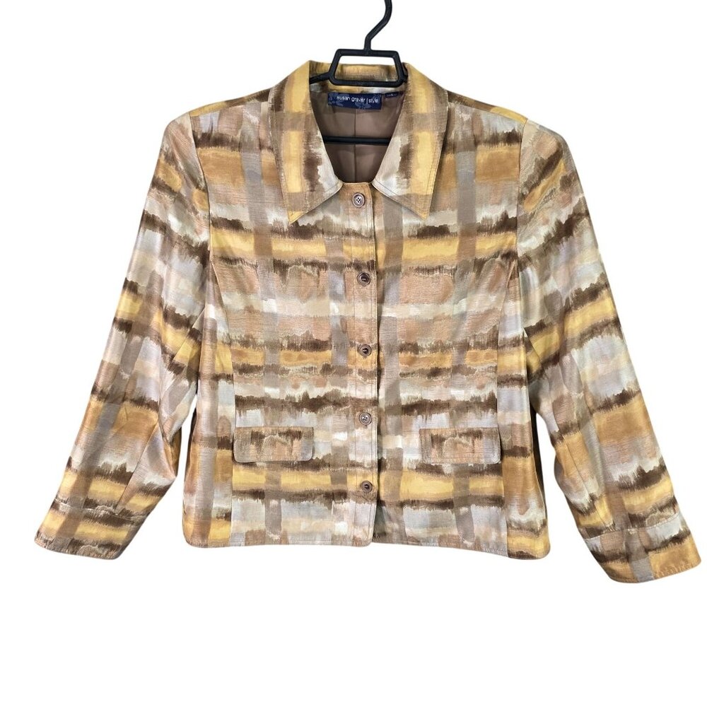 Womens Susan Graver Style Beige Brown Button Up Abstract Print Blazer Jacket L